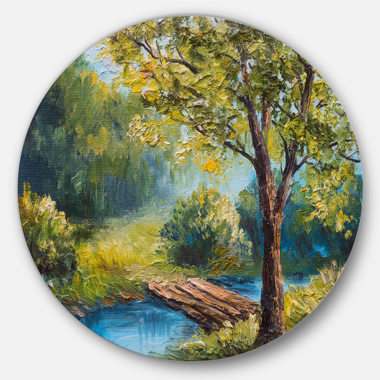 Designart - Summer Forest with Beautiful River' Landscape Circle Metal Wall Art